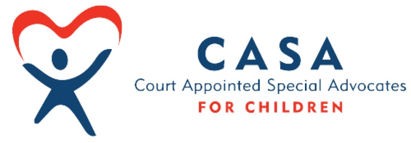 CASA logo featuring a blue human figure holding a red heart shape, with the text "CASA Court Appointed Special Advocates for Children" beside it.