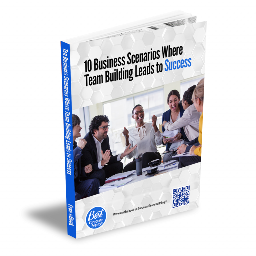 A book titled "10 Business Scenarios Where Team Building Leads to Success" with an image of colleagues celebrating around a conference table on the cover.