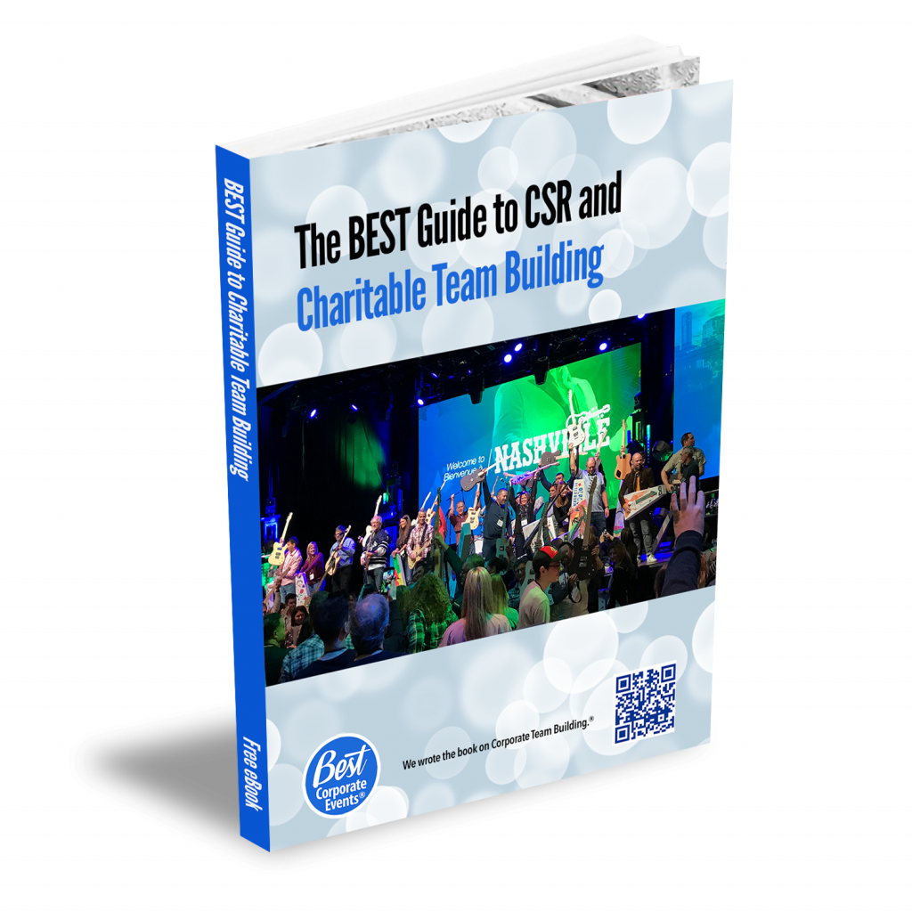 A book titled "The BEST Guide to CSR and Charitable Team Building" with an image of people on a stage and a QR code on the front cover.