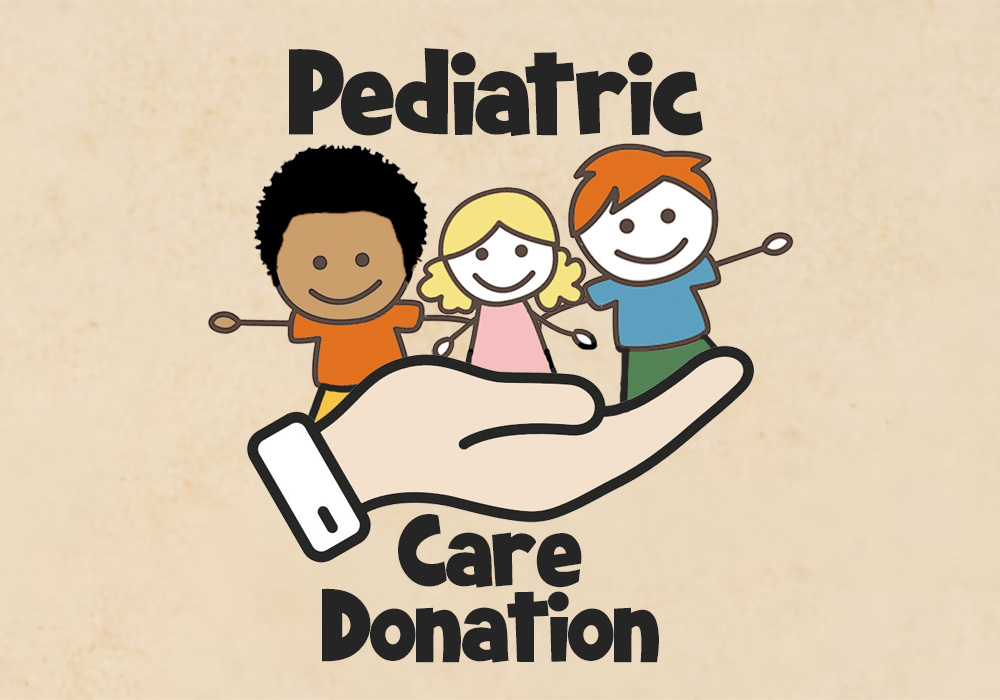 Illustration showing three cartoon children standing on a giant hand, with the text "Pediatric Care Donation" above and below them.