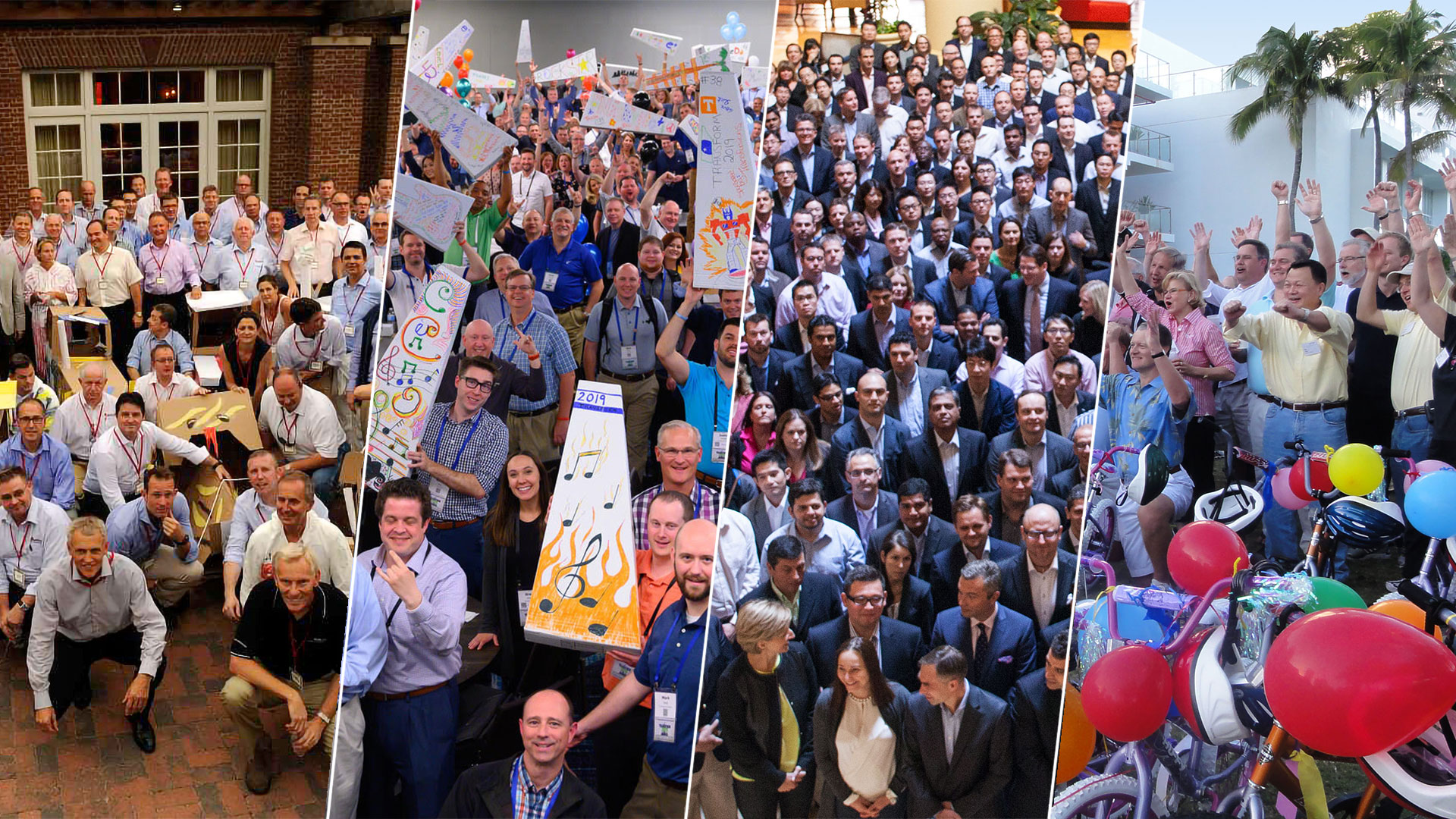 A collage of four group photos: people seated and standing in business attire, individuals with colorful art pieces, a large gathering of suited professionals, and people celebrating with balloons and motorcycles at one of the Best Corporate Events.