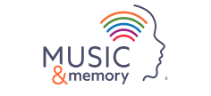 Logo featuring the text "MUSIC & memory" with a stylized profile of a human head and colorful sound waves emanating from the head.