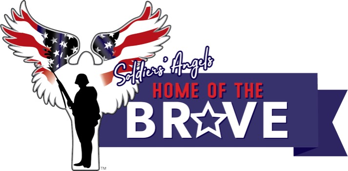 Logo for Soldiers' Angels featuring a silhouette of a soldier with wings in the American flag colors, accompanied by the text "Home of the Brave.