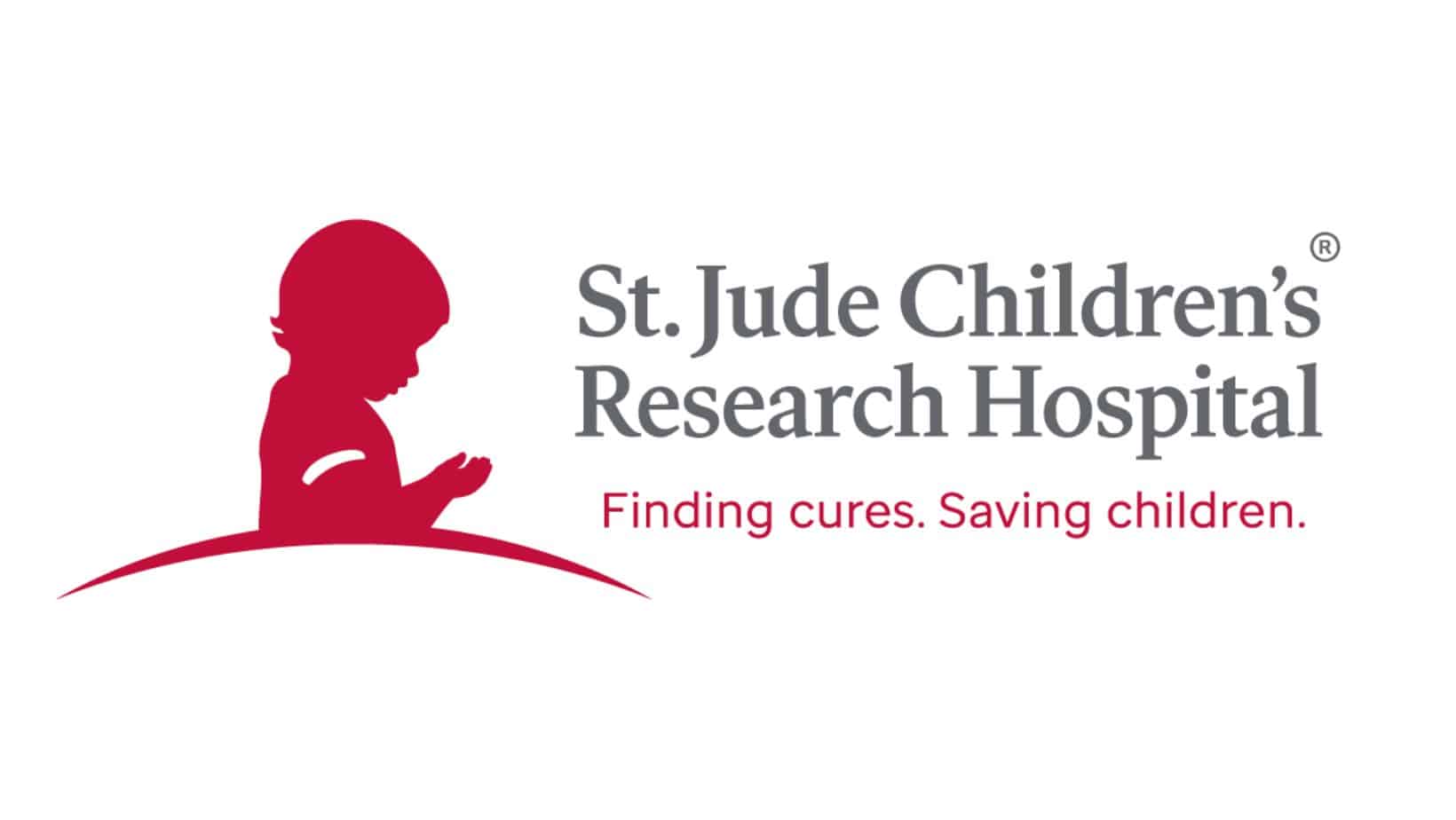 St. Jude Children's Research Hospital logo featuring a red silhouette of a child praying, with the tagline "Finding cures. Saving children.