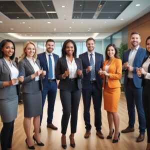 A group of eight business professionals, dressed in formal attire, standing in an office setting with large windows and wooden floors, smiling and making thumbs-up gestures—clearly showcasing the positive takeaways from their corporate team building exercises.