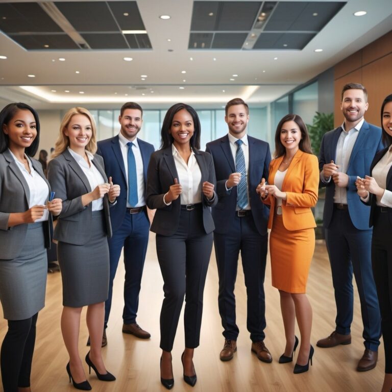 A group of eight business professionals, dressed in formal attire, standing in an office setting with large windows and wooden floors, smiling and making thumbs-up gestures—clearly showcasing the positive takeaways from their corporate team building exercises.