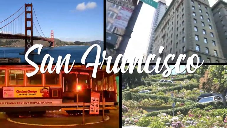 A collage of San Francisco features the Golden Gate Bridge, a historic cable car, a street view with tall buildings, and a garden with Lombard Street. The text "San Francisco" is overlaid, making it perfect for San Francisco team building events.