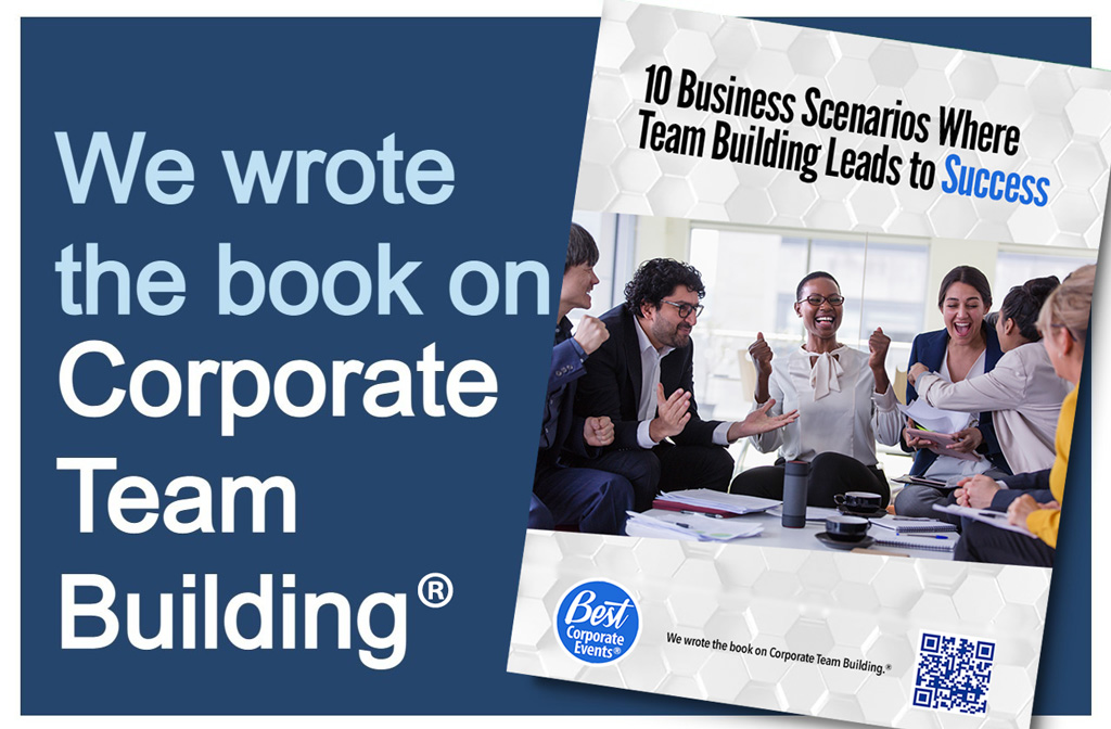 A promotional image with the text "We wrote the book on Corporate Team Building" next to a book cover titled "10 Business Scenarios Where Team Building Leads to Success," showing a happy office team.