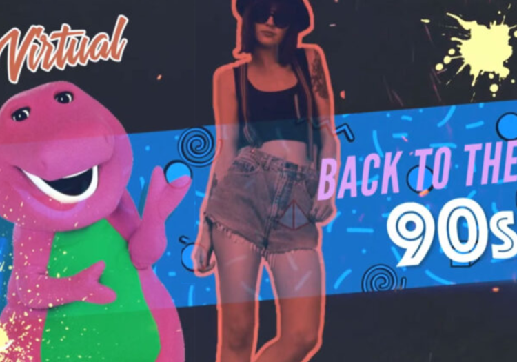 Cartoon dinosaur in a purple shirt stands beside a woman in a crop top and shorts. Embracing the millennial nostalgia trend, text reads "Virtual Back to the 90s" against a vibrant, colorful background.