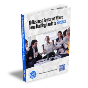 Book titled "10 Business Scenarios Where Team Building Leads to Success" featuring a group of professionals in a meeting, expressing excitement and engagement.