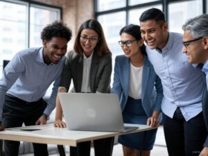 A group of five people, smiling and looking at a laptop screen in an office setting, eagerly discusses the latest trends in corporate events.