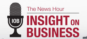 Logo for "Insight on Business: The News Hour" featuring a microphone graphic and a city skyline.