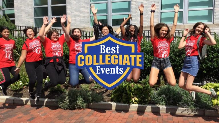 A group of people in red shirts leap joyfully in front of a building, with a "Best Corporate Events" emblem superimposed over the image, capturing the spirit of celebration and teamwork.