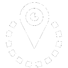 A map pin icon with a clock inside, encircled by a dotted line, on a white background.