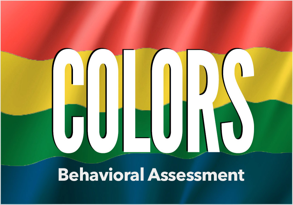Large white text reads "COLORS" over a background of red, yellow, green, and blue stripes. Smaller text below reads "Behavioral Assessment," highlighting its connection to a DISC workshop.