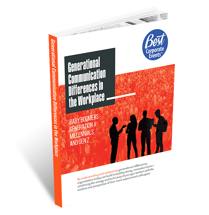 A team building book titled "Generational Communication Differences in the Workplace" featuring silhouettes of people talking against an orange background with a crowd.