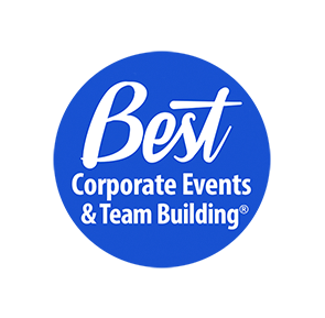 Blue circular logo with the text "Best Corporate Events & Team Building" in white, using a combination of cursive and sans-serif fonts.