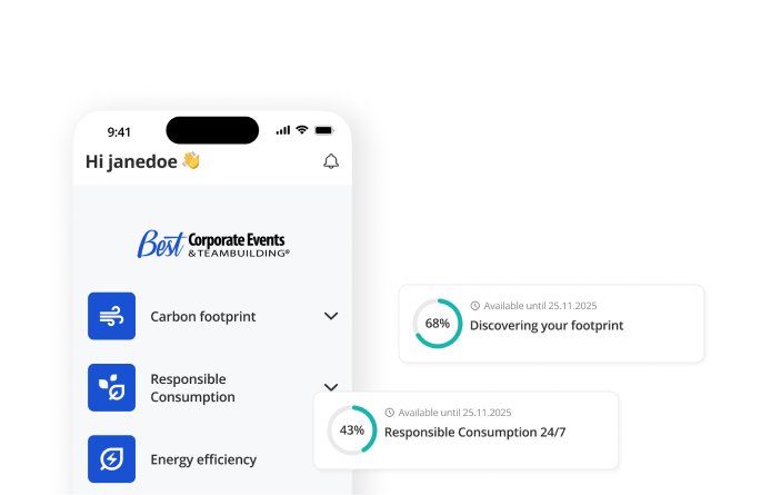 A mobile app screen shows a user dashboard with sections for carbon footprint, responsible consumption, and energy efficiency, featuring progress bars at 68% and 43%.