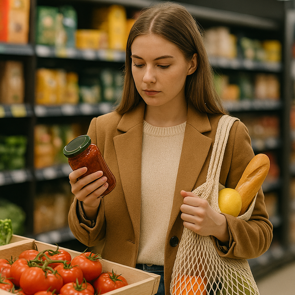 A woman in a brown coat holds a jar while shopping for groceries, standing by a display of tomatoes with a net bag containing a baguette and a lemon.