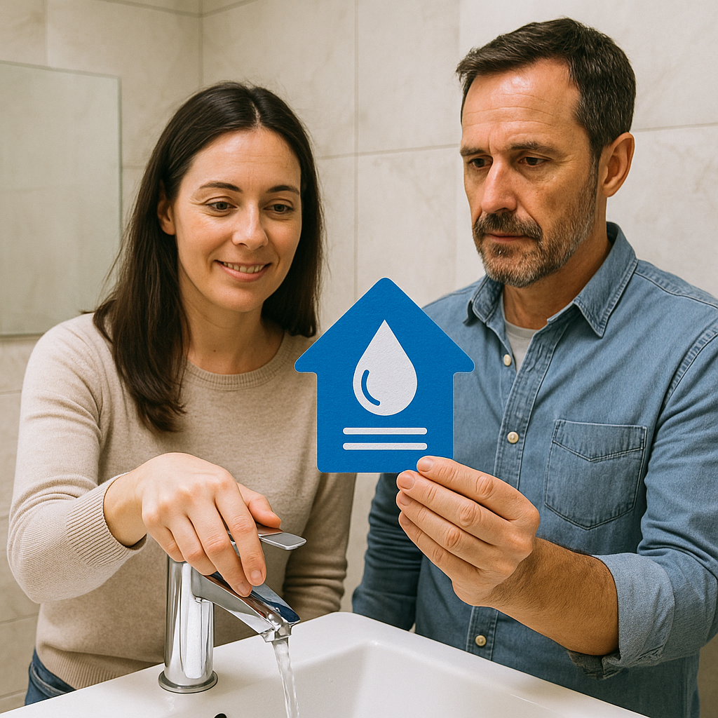 A woman turns on a faucet while a man holds a blue house-shaped card with a water drop symbol, standing together in a bathroom.