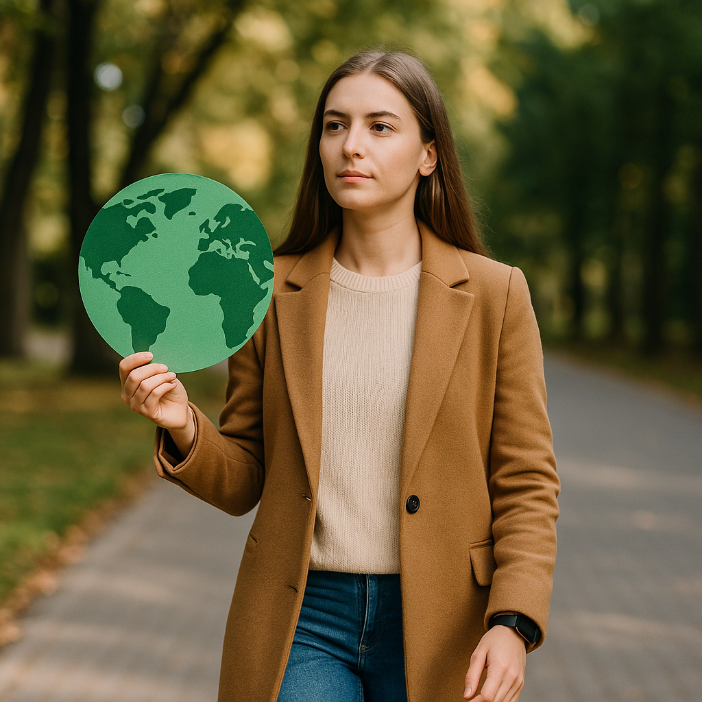 A woman in a brown coat stands on a park path holding a paper cutout of the Earth. Trees with green leaves line the background.