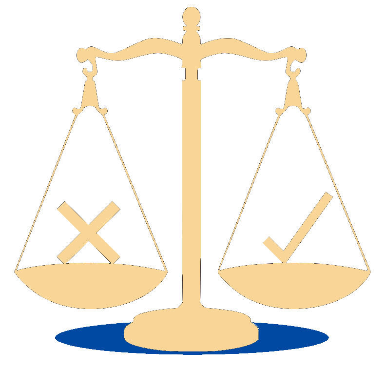 A beige balance scale with a checkmark on the right side outweighing an X mark on the left, symbolizing decision-making or judgment.