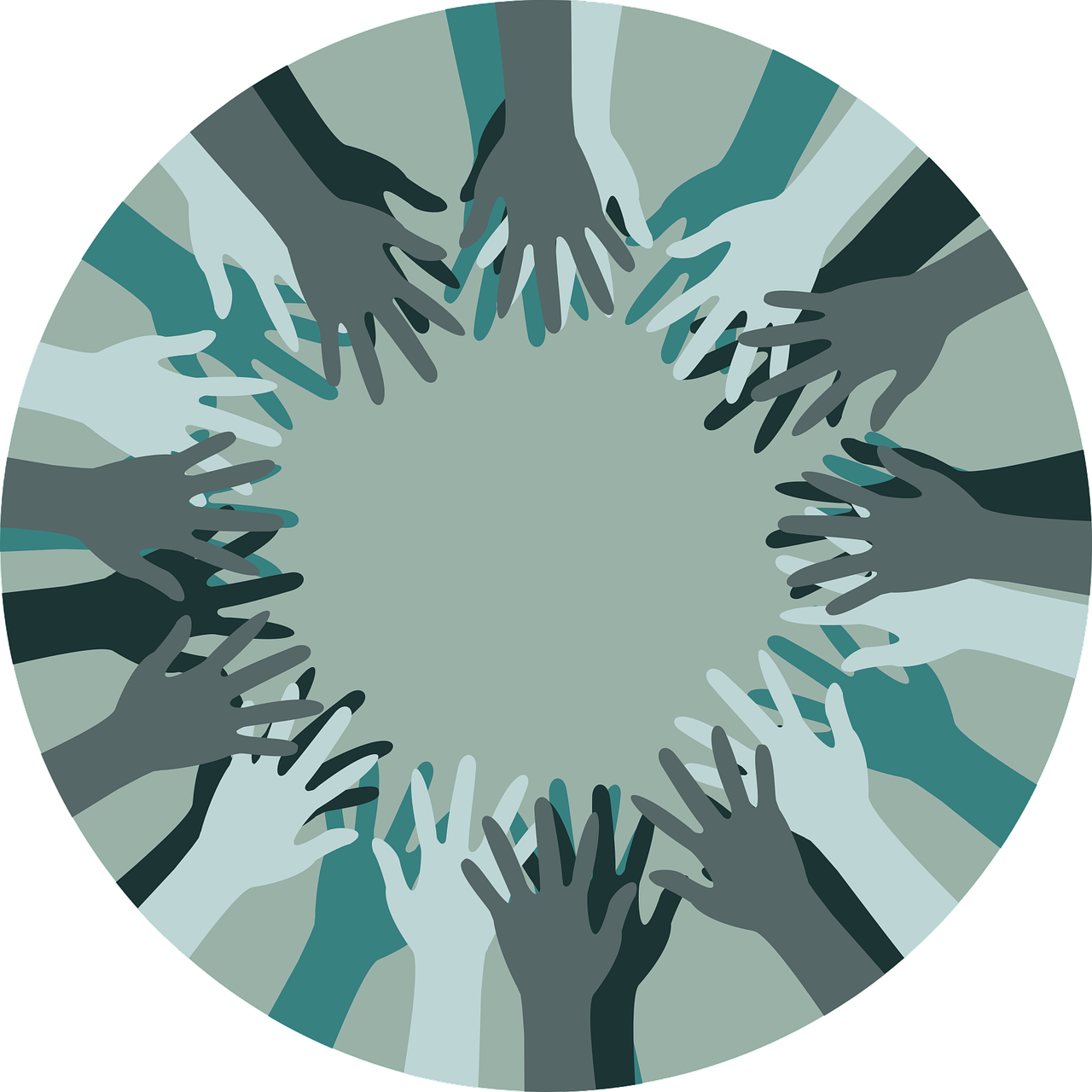 Illustration of multiple hands of varying skin tones reaching toward the center of a circle, symbolizing diversity, unity, and collaboration.