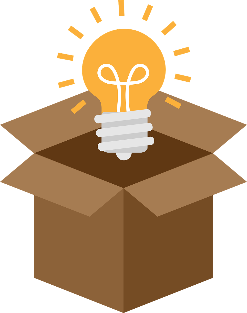A lit lightbulb emerging from an open cardboard box, symbolizing creativity or an innovative idea.