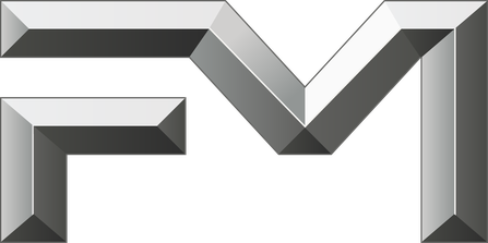 A metallic, angular design forming the letters "FM" on a light background.