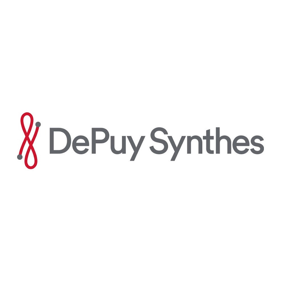 DePuy Synthes logo with a red abstract symbol on the left and the company name in gray text on a white background.