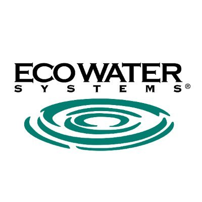 The EcoWater Systems logo features bold black text above a stylized green water ripple graphic on a white background.
