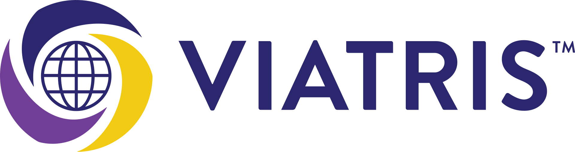 Viatris logo featuring a stylized globe surrounded by swirling purple and yellow shapes, with the company name "VIATRIS" in bold blue letters.