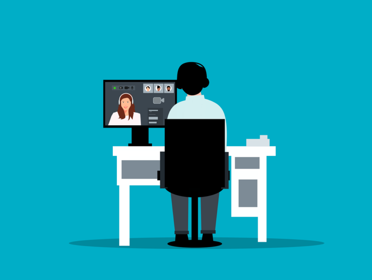 Illustration of a person sitting at a desk having a video call with a woman on a computer screen, against a blue background&mdash;perfect for connecting or enjoying virtual games to play on Zoom.