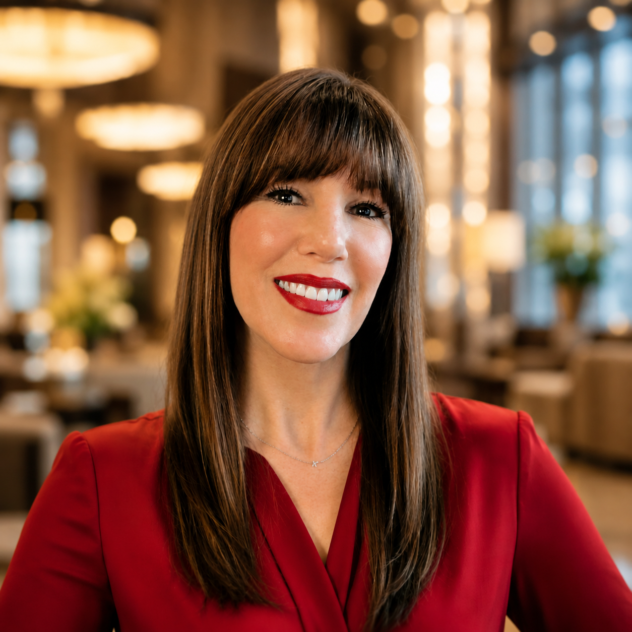 A woman with straight brown hair and bangs, wearing a red blouse, smiles in a well-lit, elegant indoor setting with blurred lights in the background.