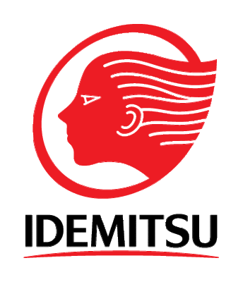 Red logo of a stylized human profile with flowing hair inside a circle above the black text "IDEMITSU" on a white background.