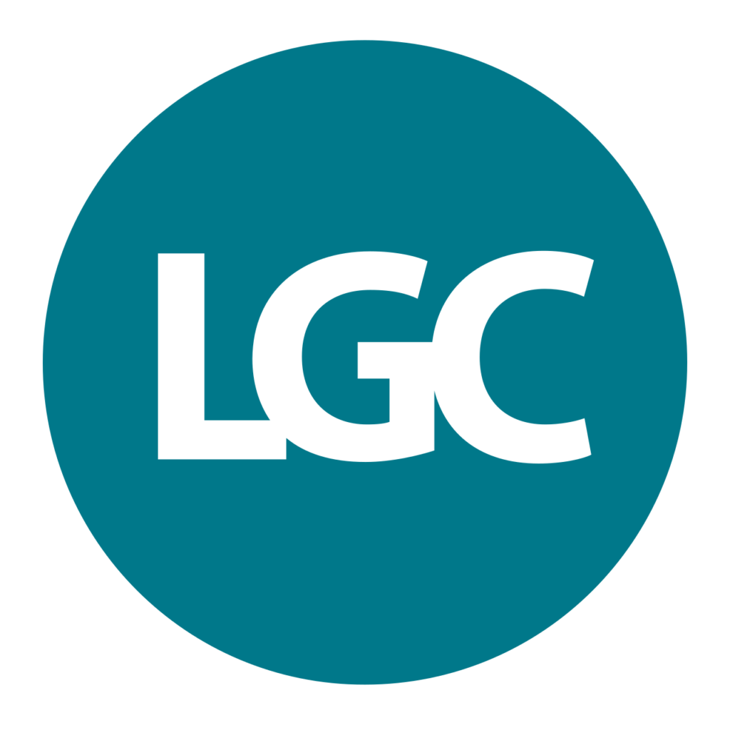 White letters "LGC" in bold font centered inside a solid teal circle on a light gray background.