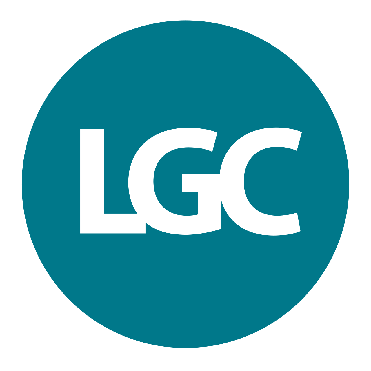 White letters "LGC" in bold font centered inside a solid teal circle on a light gray background.