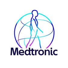 Medtronic logo featuring a stylized human figure walking in front of intersecting curved lines with the company name below.