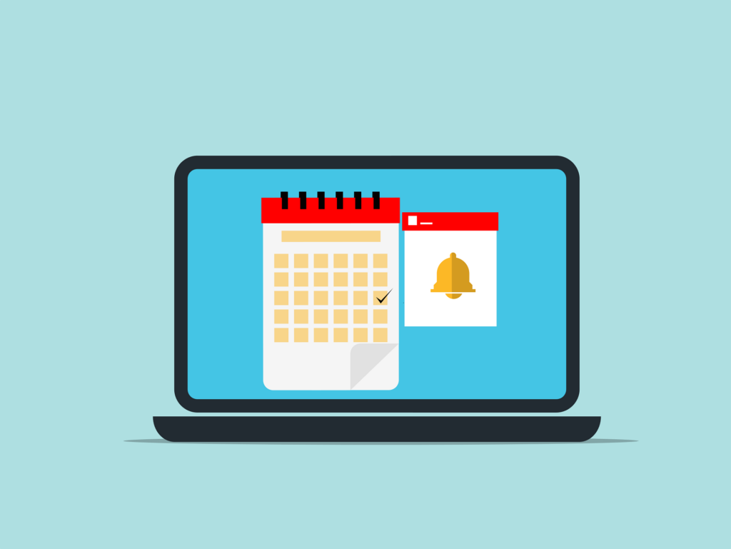 A laptop screen displays a calendar with a checkmark next to a notification icon featuring a bell on a blue background.