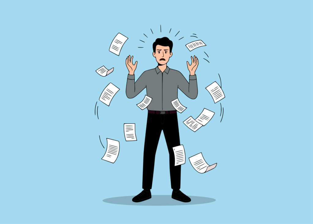 A stressed-looking man in a dress shirt and pants stands with his hands raised while documents float in the air around him against a light blue background.