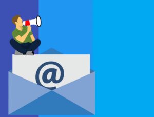 Illustration of a person sitting on an envelope with an &lsquo;@&rsquo; symbol, holding a megaphone against a blue split background.