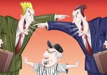 A cartoon of two businessmen fighting over a child.