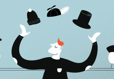 An illustration of an effective team building facilitator juggling hats.