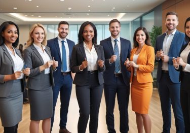 A group of eight business professionals, dressed in formal attire, standing in an office setting with large windows and wooden floors, smiling and making thumbs-up gestures—clearly showcasing the positive takeaways from their corporate team building exercises.